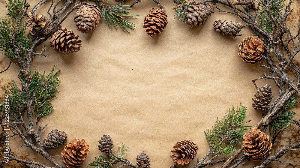 Poster rustic frame of pine branches and cones