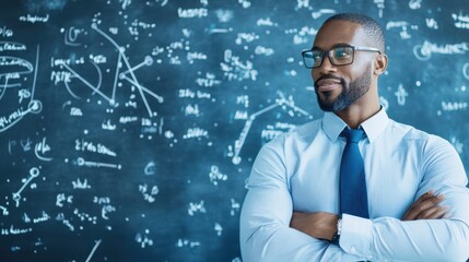 Confident Mathematician: A portrait of a thoughtful and confident African-American male mathematician, arms crossed, standing before a chalkboard filled with complex mathematical equations.