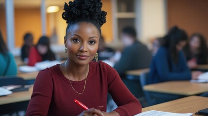 Focused Student in a Classroom: A determined female student with a warm smile sits in a diverse classroom, her eyes focused on her work, radiating confidence and academic drive.  