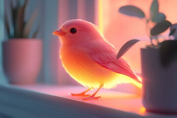 Serene Glow: AI-Powered Robotic Pet Bird Captured in Quiet Illumination