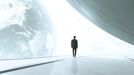 Obraz premium A solitary figure in a suit stands on a futuristic pathway, gazing at Earth and an otherworldly landscape