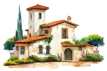 Obraz premium Charming Mediterranean-style Villa Surrounded by Lush Greenery in a Serene Setting - Vintage Illustration, Isolated on White Transparent Background, PNG