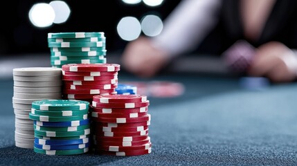 Naklejka premium Stacks of colorful poker chips sit on a green felt table during a high-stakes game in a casino.