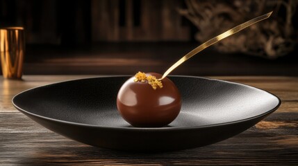 Luxurious Chocolate Dessert Sphere with Gold Leaf on Elegant Black Plate for Gourmet Dining Experience