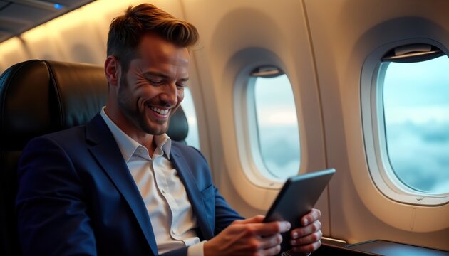 Handsome businessman relaxes, uses tablet on plane. Sits in business class seat. Traveling comfortably. Enjoying journey. Man successful, rich. Modern business lifestyle. Smiling, looking relaxed.