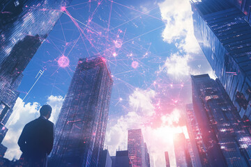 Businessman looking up at a futuristic digital network above a city skyline, symbolizing artificial intelligence, global connectivity, data technology, and digital transformation
