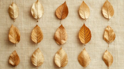 Dried leaves arranged on burlap background in rows
