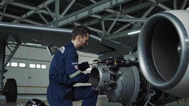 Experienced aviation technician performing detailed turbine engine inspection, ensuring precision and safety within modern maintenance facility