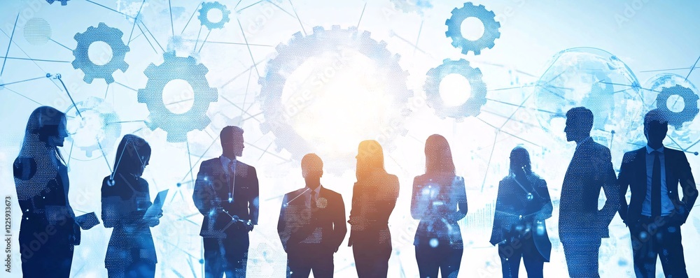 Poster business team working together with global network and gear connection graphic