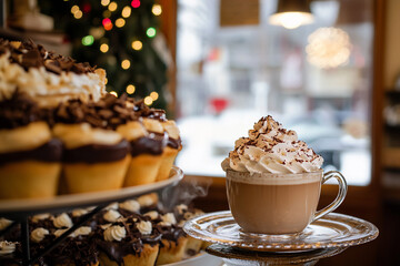 Warm cup of hot chocolate topped with whipped cream and chocolate shavings, surrounded by festive cupcakes in a cozy caf?, with holiday lights twinkling in the background