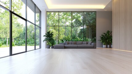 Modern living room with large windows overlooking lush garden