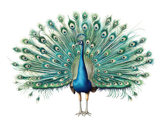 Fototapeta premium Majestic Peacock Displaying Its Colorful Plumage in an Intricate Fan Formation - Vintage Illustration, Isolated on White Transparent Background, PNG