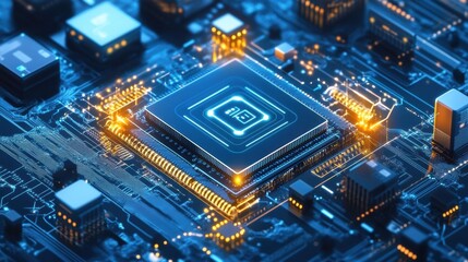 Obraz premium Detailed view of machine parts embedded with microchips transmitting operational metrics via a 5G network showing the evolution of traditional machinery into smart devices.
