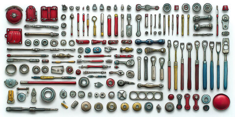 Vintage metal tools symmetrically arranged in red, blue, and yellow tones. Generated with AI.