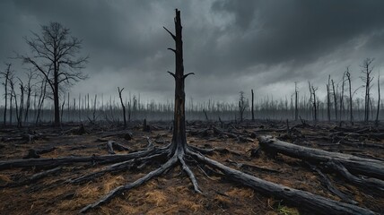 Lonely Charred Tree in a Devastated Forest After Wildfire Under a Dark, Stormy Sky