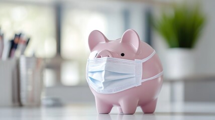 Pink piggy bank wearing protective face mask on desk