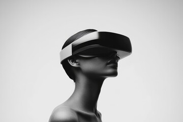 Woman experiencing virtual reality, sleek headset, monochromatic aesthetic.