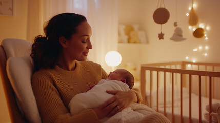 Young Mother Cradling Newborn in Peaceful Nursery Setting