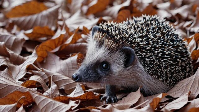 Woodland hedgehog wandering among dry autumn leaves, curiously sniffing forest ground while exploring natural environment during seasonal foraging