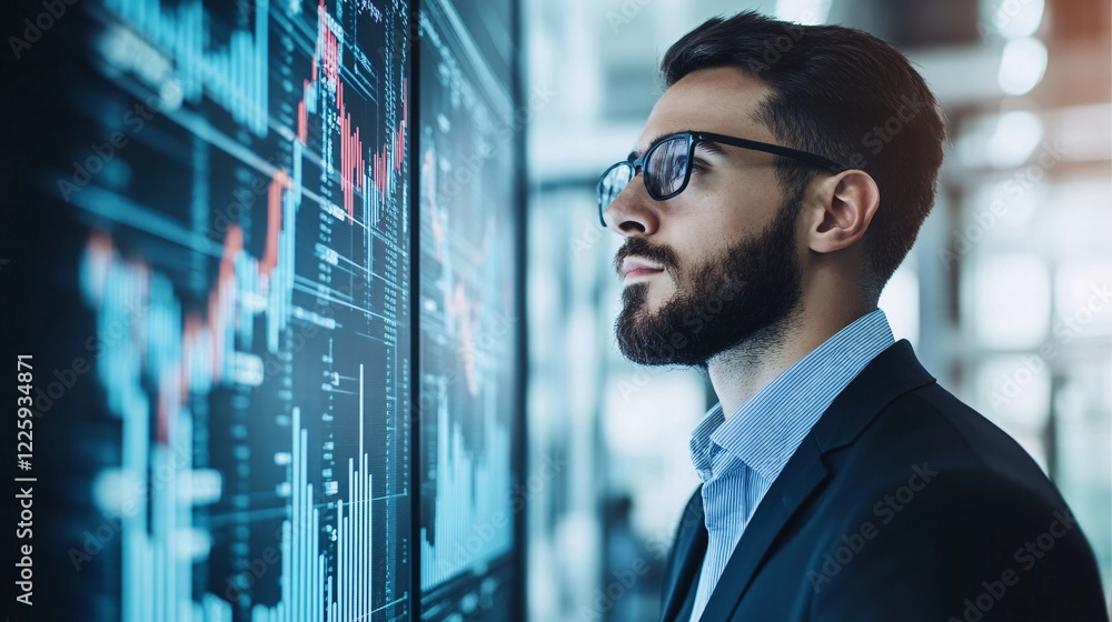 Poster businessman is analyzing charts on computer screens showing financial data