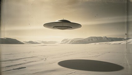 UFO hovering over a snowy landscape in a remote ice-covered area