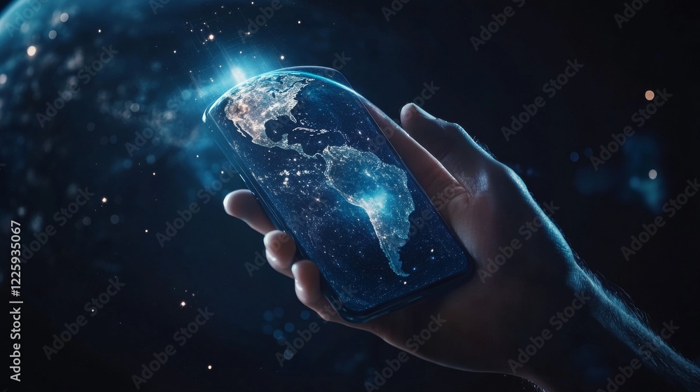 Poster mobile global internet communications. world wide web on phone via wireless satellite network techno