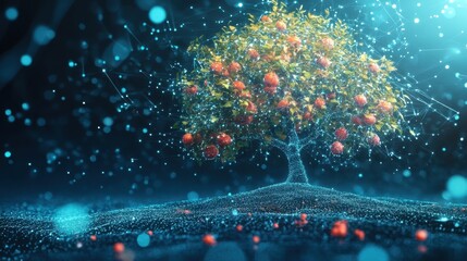 A holographic tree of entrepreneurship with branches illustrating various sectors and fruit symbolizing successful startups nourishing the economy beneath it.