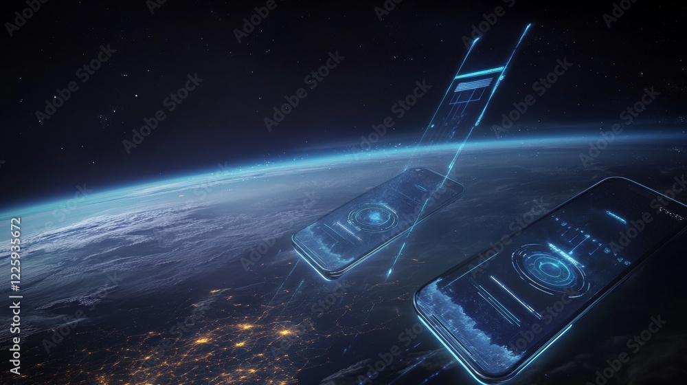 Poster mobile global internet communications. world wide web on phone via wireless satellite network techno
