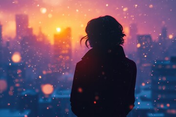 Naklejka premium Silhouette of a woman standing in a snowy city at sunset, feeling melancholic and introspective.