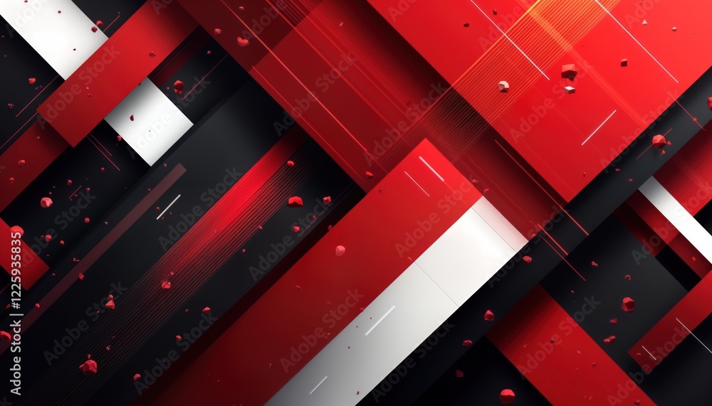 Poster abstract geometric design in red black, white. diagonal stripes, triangles create dynamic pattern. m