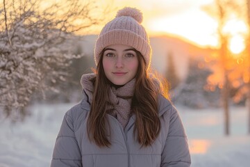Young woman in winter hat and coat, enjoying a beautiful sunset in snowy landscape.