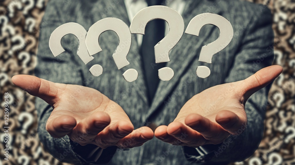 Poster businessman holding question marks with question marks background