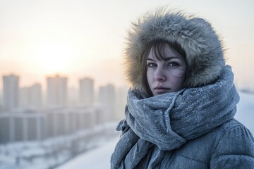 A young woman bundled in a frost-covered winter coat stares intensely at the viewer, cityscape in the background.