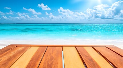 Fototapeta premium Stunning Tropical Beach Scene with Wooden Deck Tabletop
