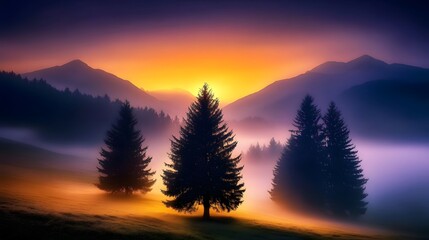 Obraz premium Majestic Sunrise Mountain Landscape with Foggy Pines