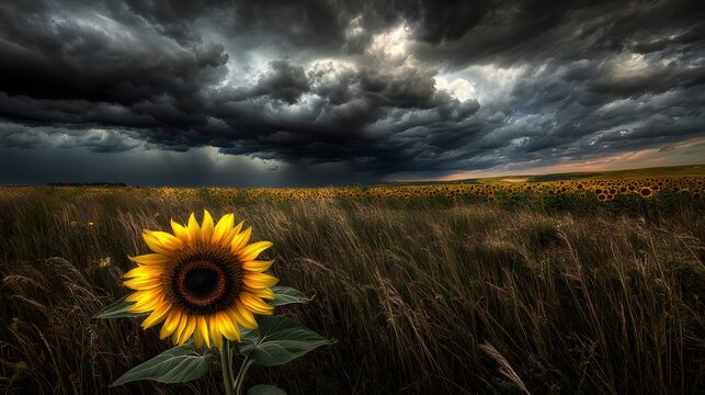 Dramatic Storm Clouds over Sunflower Field