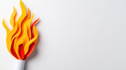 Paper art torch with orange and yellow flames on white background