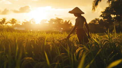 Fototapeta premium Female Farmer Harvesting Crops in a Lush Field