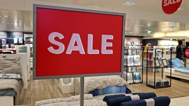 Red sale sign on stand in retail store interior with home textiles and bedding on shelves. Close up shot with shallow depth of field. Shopping discount and promotion concept. Eye level shot