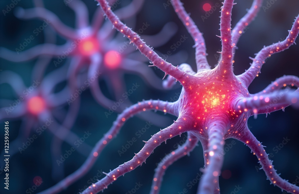 Poster macro view of nerve cell inside brain. complex 3d structure with glowing energy bursts shows organic