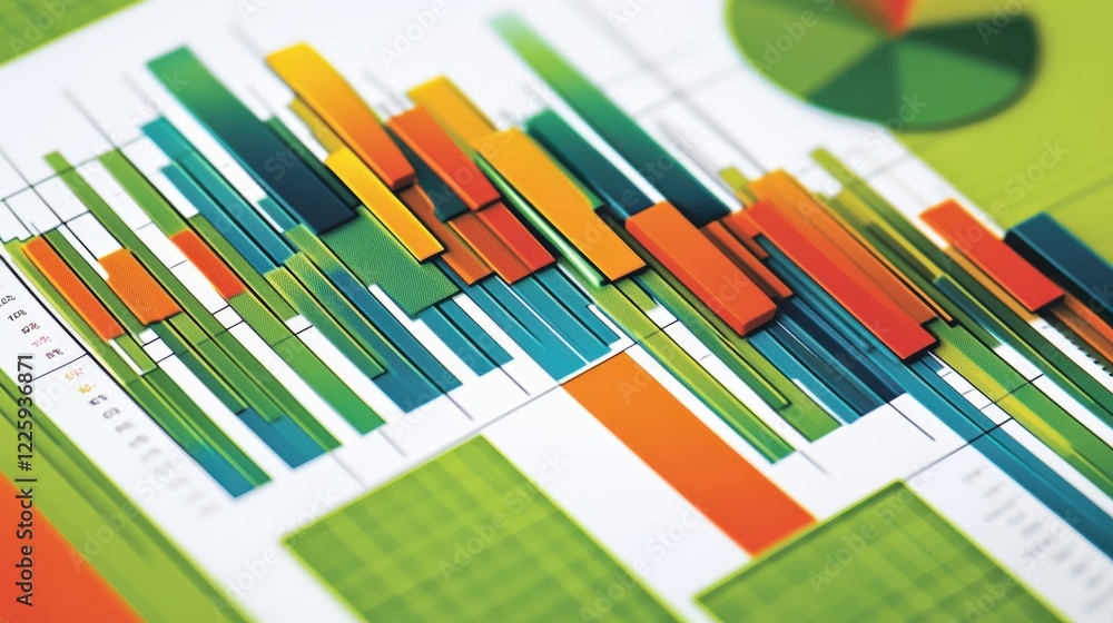 Poster colorful abstract data visualization with vibrant bars and charts on a green background