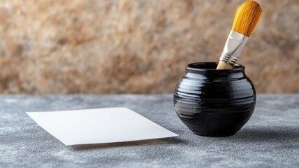 Blank paper and round black ink pot with brush on stone surface