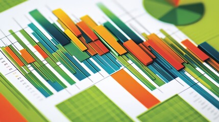 Colorful abstract data visualization with vibrant bars and charts on a green background