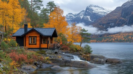 Fototapeta premium Cozy cabin by autumn lake, mountains background.