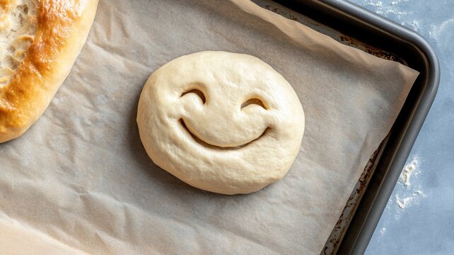 Smiling bread dough on baking tray, concept of joy in cooking