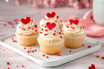 Set of vanilla cupcakes with cream sprinkled red hearts on white plate. Birthday, Valentine's Day, Wedding dessert