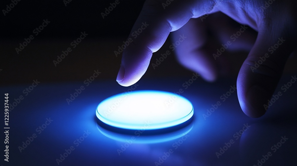 Poster a finger about to press a glowing button a futuristic interface a modern switch