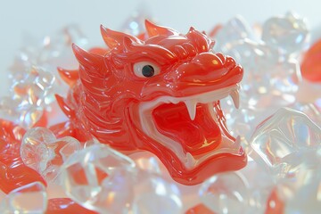 Fiery Red Chinese Dragon Head Emerging from Sparkling Crystal-Like Surroundings, Symbolizing Power and Prosperity