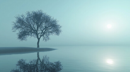 Serene foggy landscape with a solitary tree reflected in calm water under a soft morning sun