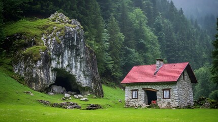 Secluded Stone Cottage near Cave in Misty Forest